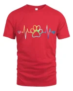 Rainbow Heartbeat Paw Print Love Graphic T Shirt - red t-shirt on white background