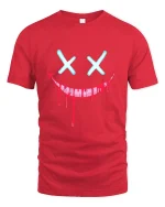 Creepy Dripping Smile Face Dark Humor Graphic Tshirt - red t-shirt on white background