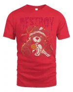 Destroy Teddy Bear Dark Graphic Tshirt With Broken Rebel Art - red t-shirt on white background