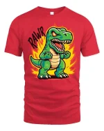 Funny Angry Dinosaur Cartoon Graphic Tshirt With Roaring Fire Art - red t-shirt on white background