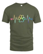 Rainbow Heartbeat Paw Print Love Graphic T Shirt - military green t-shirt on white background