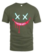 Creepy Dripping Smile Face Dark Humor Graphic Tshirt - military green t-shirt on white background