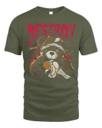 Destroy Teddy Bear Dark Graphic Tshirt With Broken Rebel Art - military green t-shirt on white background