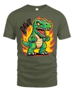 Funny Angry Dinosaur Cartoon Graphic Tshirt With Roaring Fire Art - military green t-shirt on white background