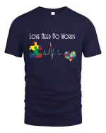 Love Need No Words Autism Puzzle Heartbeat Graphic T Shirt - navy t-shirt on white background