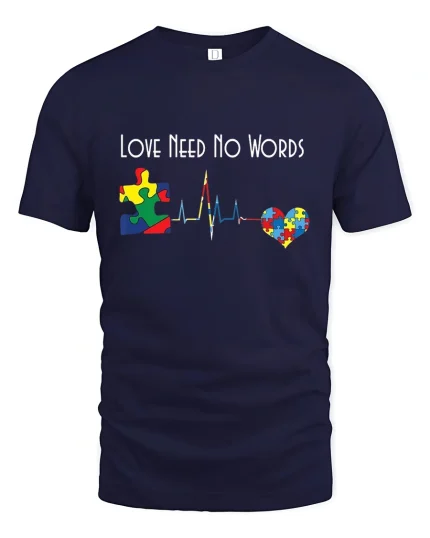 Love Need No Words Autism Puzzle Heartbeat Graphic T Shirt - navy t-shirt on white background