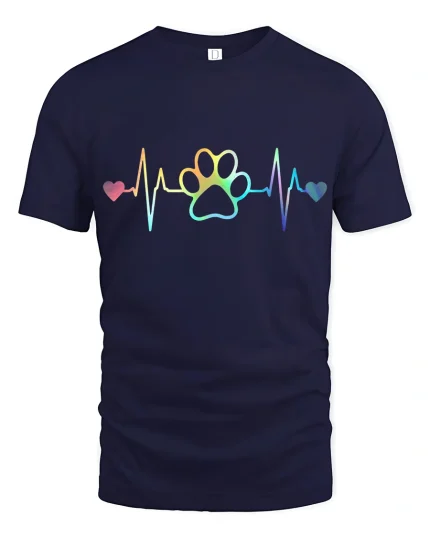 Rainbow Heartbeat Paw Print Love Graphic T Shirt - navy t-shirt on white background