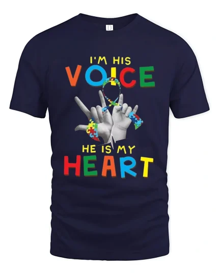 Im His Voice He Is My Heart Autism Awareness Graphic T Shirt - navy t-shirt on white background