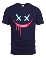 Creepy Dripping Smile Face Dark Humor Graphic Tshirt - navy t-shirt on white background
