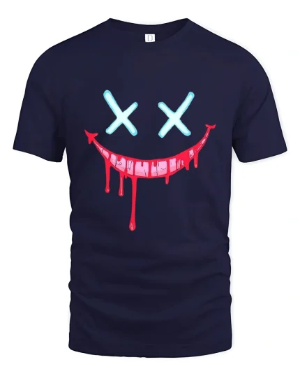 Creepy Dripping Smile Face Dark Humor Graphic Tshirt - navy t-shirt on white background