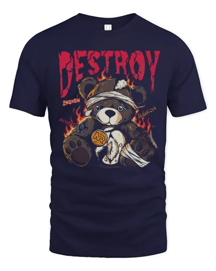 Destroy Teddy Bear Dark Graphic Tshirt With Broken Rebel Art - navy t-shirt on white background