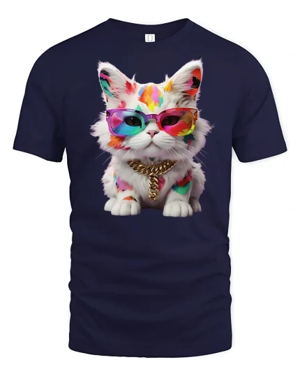 Cool Rainbow Cat Graphic Tshirt With Sunglasses And Gold Chain - navy t-shirt on white background