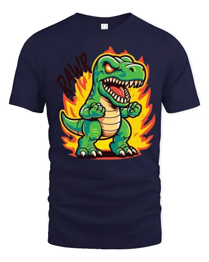 Funny Angry Dinosaur Cartoon Graphic Tshirt With Roaring Fire Art - navy t-shirt on white background