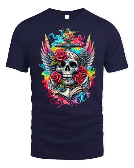 Colorful Skull Wings Roses Graphic Tee With Bold Tattoo Art - navy t-shirt on white background