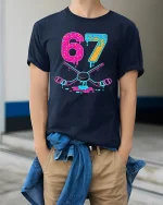 67 Neon Donut Hockey T Shirt With Funny Melting Ice Style - model wearing navy tee with hands in pockets