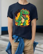 Funny Angry Dinosaur Cartoon Graphic Tshirt With Roaring Fire Art - model wearing navy tee with hands in pockets