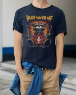 Creepy Play With Me Horror Teddy Bear Graphic Tshirt Art - model wearing navy tee with hands in pockets