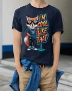 Im Cool Like That Fox T Shirt With Funny Street Style Art - model wearing navy tee with hands in pockets