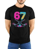 67 Neon Donut Hockey T Shirt With Funny Melting Ice Style - model wearing black tee with hands behind back