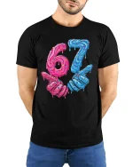 Funny 67 Donut Style T Shirt With Dripping Candy Art Design - model wearing black tee with hands behind back