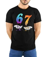 Dripping 67 Number Art Graphic T Shirt With Bold Creative Style - model wearing black tee with hands behind back