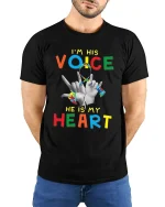 Im His Voice He Is My Heart Autism Awareness Graphic T Shirt - model wearing black tee with hands behind back