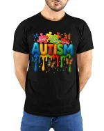 Always Unique Totally Awesome Autism Colorful Graphic T Shirt - model wearing black tee with hands behind back