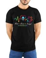 Live Love Accept Autism Awareness T Shirt With Colorful Heartbeat - model wearing black tee with hands behind back