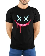 Creepy Dripping Smile Face Dark Humor Graphic Tshirt - model wearing black tee with hands behind back