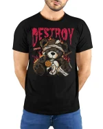 Destroy Teddy Bear Dark Graphic Tshirt With Broken Rebel Art - model wearing black tee with hands behind back