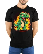 Funny Angry Dinosaur Cartoon Graphic Tshirt With Roaring Fire Art - model wearing black tee with hands behind back