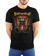 Creepy Play With Me Horror Teddy Bear Graphic Tshirt Art - model wearing black tee with hands behind back