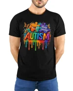 Unique Always Learning Autism Awareness T Shirt With Puzzle Art - model wearing black tee with hands behind back