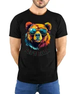 Papa Bear T Shirt With Cool Sunglasses And Colorful Art Style - model wearing black tee with hands behind back