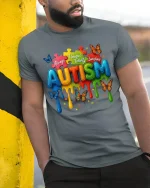Always Unique Totally Awesome Autism Colorful Graphic T Shirt - model wearing grey tee, leaning on column
