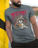 Destroy Teddy Bear Dark Graphic Tshirt With Broken Rebel Art - model wearing grey tee, leaning on column