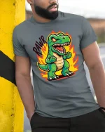 Funny Angry Dinosaur Cartoon Graphic Tshirt With Roaring Fire Art - model wearing grey tee, leaning on column