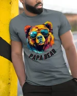 Papa Bear T Shirt With Cool Sunglasses And Colorful Art Style - model wearing grey tee, leaning on column