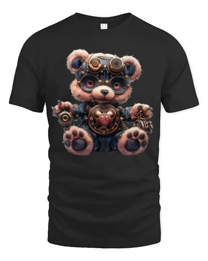 Cute Steampunk Bear Mechanical Heart T-Shirt for Gear Lovers - black t-shirt on white background