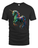 Vibrant Rainbow Unicorn Art T-Shirt for Fantasy Lovers - black t-shirt on white background