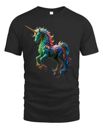 Vibrant Rainbow Unicorn Art T-Shirt for Fantasy Lovers - black t-shirt on white background