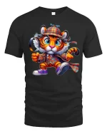 Cute Detective Tiger Graphic T-Shirt for Fun Mystery Lovers - black t-shirt on white background