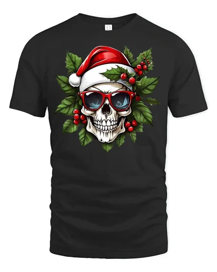 Cool Santa Skull Christmas Graphic T-Shirt for Holiday Fun - black t-shirt on white background