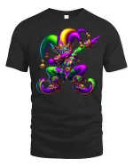 Vibrant Mardi Gras Jester Mask T-Shirt for Festival Lovers - black t-shirt on white background