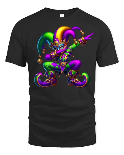 Vibrant Mardi Gras Jester Mask T-Shirt for Festival Lovers - black t-shirt on white background