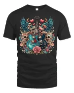 Rock Guitar Skulls and Roses Graphic T-Shirt for Music Fans - black t-shirt on white background
