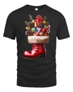Festive Christmas Gift Boot T-Shirt for Holiday Cheer Lovers - black t-shirt on white background