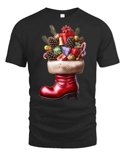 Festive Christmas Gift Boot T-Shirt for Holiday Cheer Lovers - black t-shirt on white background