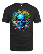 Vibrant Dragon Skull Flame Art T-Shirt for Bold Style Fans - black t-shirt on white background