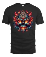 Fiery Ornate Skull Flame Art T-Shirt for Bold Style Fans - black t-shirt on white background